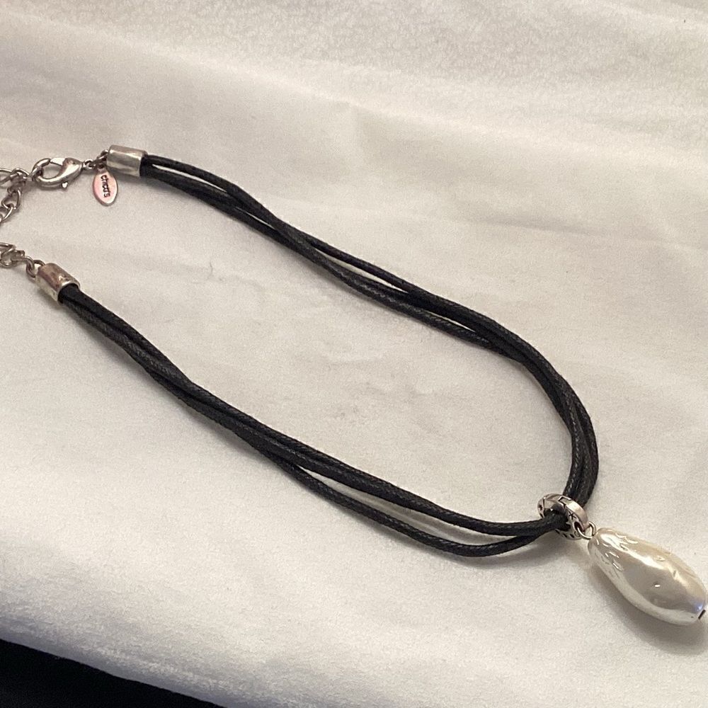 Black Faux Leather 3 Strand Necklace with Faux Pearl Enhancer